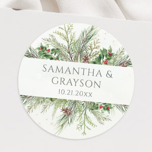 Adesivo Redondo Casamento Rustic Winter Berries Pine Cone Greenery