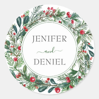 Adesivo Redondo Casamento Rustic Winter Berry Pine Greenery