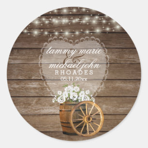 Adesivo Redondo Casamento Rustic Wood Barrel com Flores Brancas