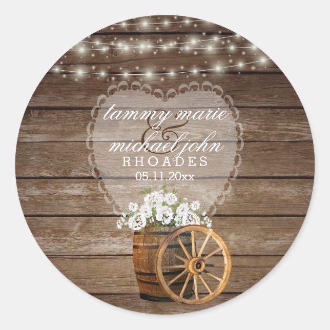 Adesivo Redondo Casamento Rustic Wood Barrel com Flores Brancas (Frente)