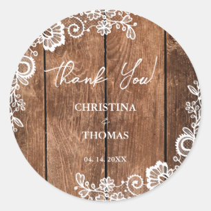 Adesivo Redondo Casamento Rustic Wood Lace Country Barn Obrigado
