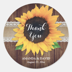 Adesivo Redondo Casamento Rustic Wood Sunflower Obrigado Stickers