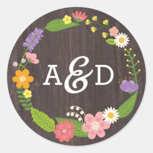 Adesivo Redondo Casamento Rustic Woodland Bohemian Floral Wreath