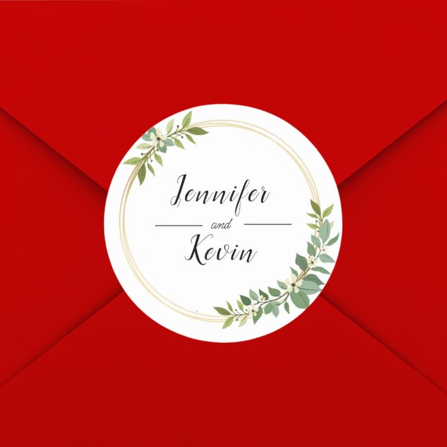 Adesivo Redondo Casamento Rústico com Flores Silvestres e Folhagem (Classic round foliage sticker brings rustic floral elegance to wedding announcements.)