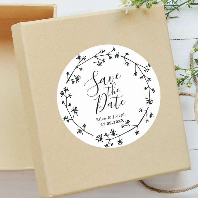 Adesivo Redondo Casamento Rústico com Flores Silvestres - Salve a  (Folk wildflower sticker makes wedding announcements feel cozy and beautifully personal.)