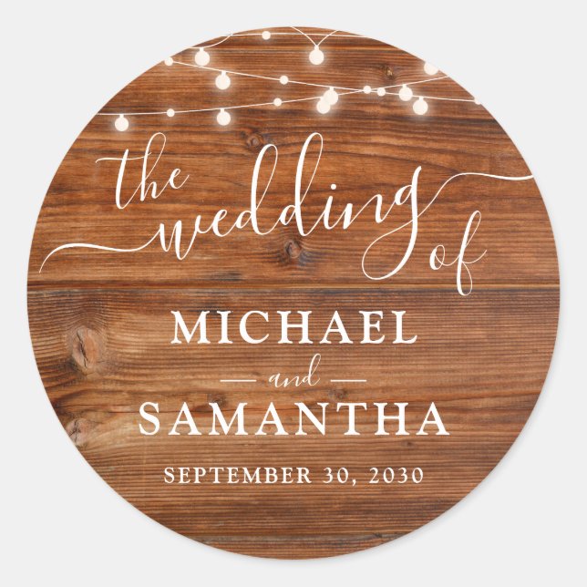 Adesivo Redondo Casamento Rústico da Madeira Elegante Simples (Frente)