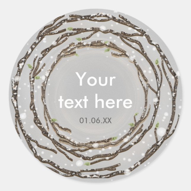 Adesivo Redondo Casamento Rústico de Inverno Ramos & Neve no Campo (Frente)