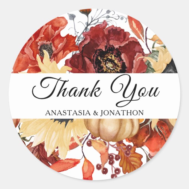 Adesivo Redondo Casamento Rústico de Pumpkin Floral de Girassol (Frente)