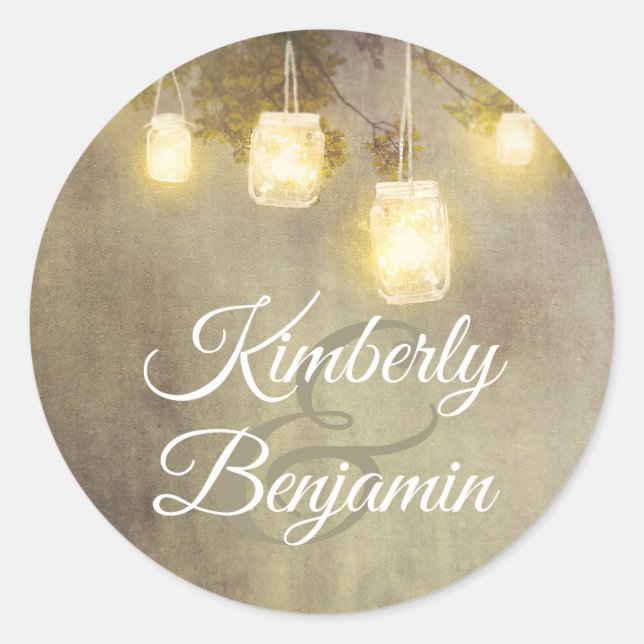 Adesivo Redondo Casamento Rústico de Tree Mason Jar Luzes (Frente)