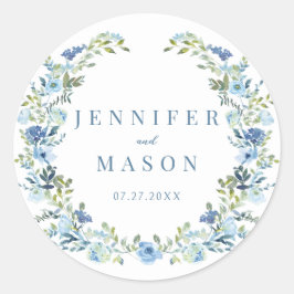 Adesivo Redondo Casamento rústico floral azul da bófia