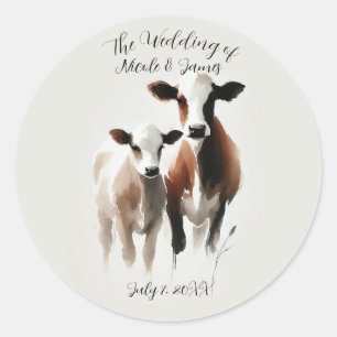 Adesivo Redondo Casamento Rústico Minimalista de Vacas em Aquarela