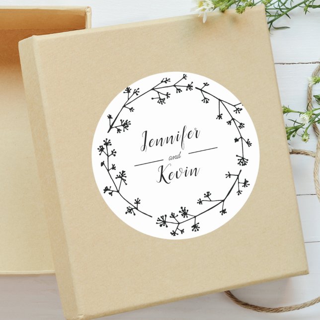 Adesivo Redondo Casamento Rústico Moderno com Flores Silvestres Fo (Modern rustic wildflower sticker adds folk-inspired charm to wedding stationery.)