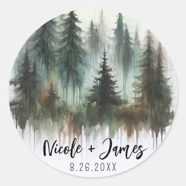 Adesivo Redondo Casamento Rústico na Floresta com Árvores em Aquar (Frente)