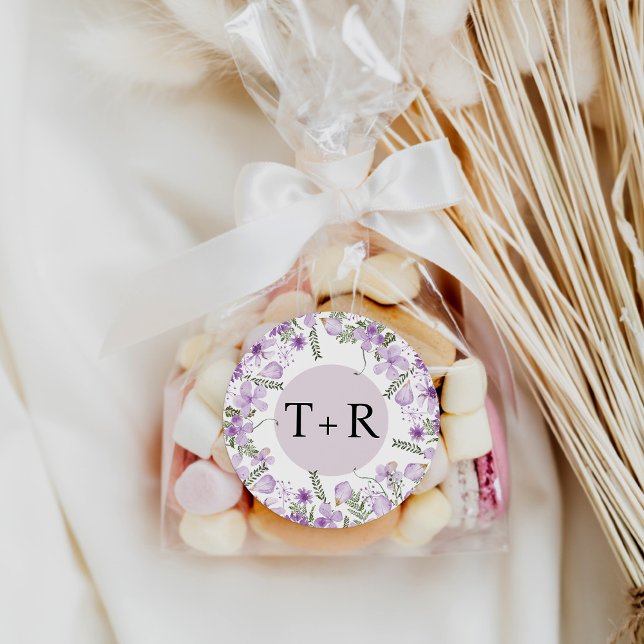 Adesivo Redondo Casamento Simples de Monograma de Lavanda (Criador carregado)