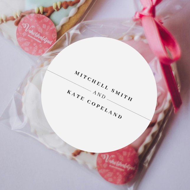 Adesivo Redondo Casamento Simples de Nome Branco e Preto (White & Black Simple Minimalist Name Line Wedding Classic Round Sticker)