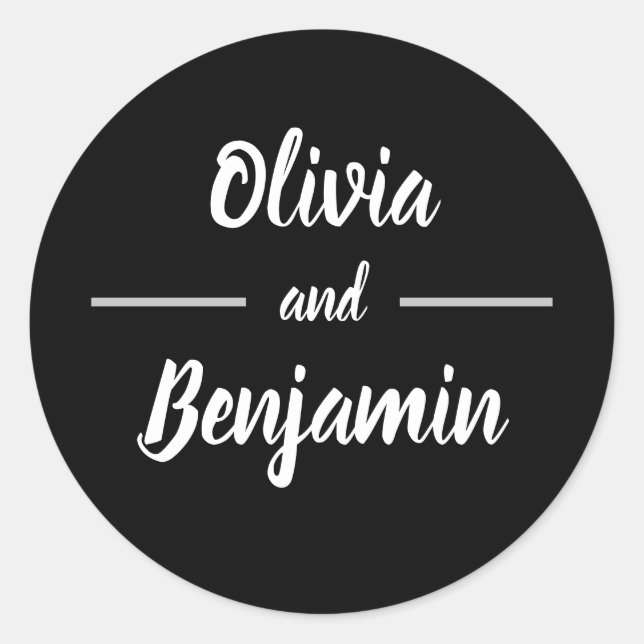 Adesivo Redondo Casamento Simples de Script Manuscrito Preto (Frente)