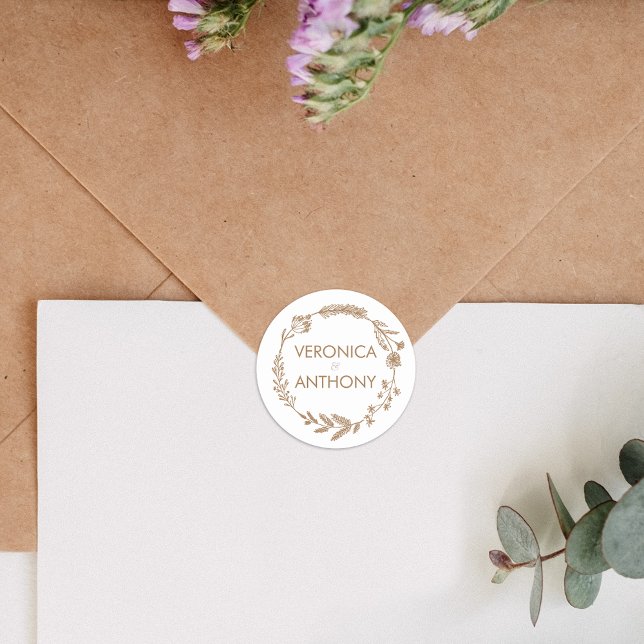 Adesivo Redondo Casamento Simples e Floral Elegante (Add a beautiful touch to wedding invitations with our elegant envelope stickers, perfect for sealing)