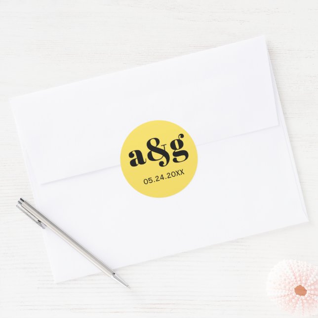 Adesivo Redondo Casamento simples, elegante, amarelo monograma (Envelope)