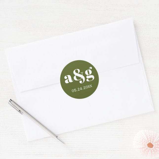 Adesivo Redondo Casamento simples, elegante e verde monograma (Envelope)