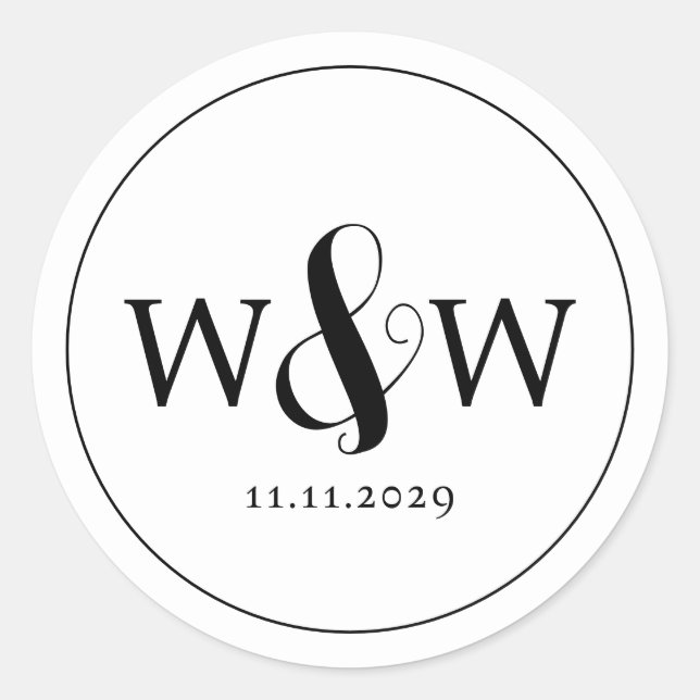 Adesivo Redondo Casamento Simples Elegante Moderno Monograma (Frente)