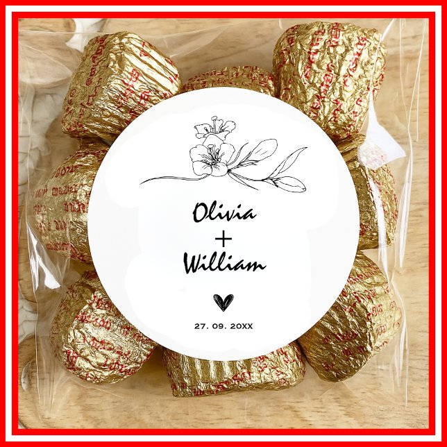 Adesivo Redondo Casamento Simples Moderno Mínimo de Flor Elegante (Criador carregado)