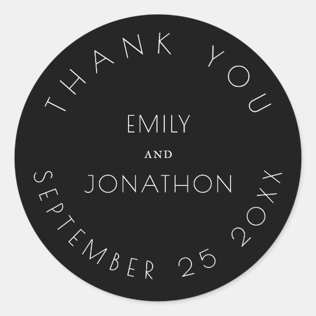Adesivo Redondo Casamento Simples Obrigado Nomes Data Branco Preto (Frente)