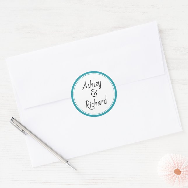 Adesivo Redondo Casamento teal de nomes simples e elegantes (Envelope)