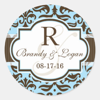 Adesivo Redondo Casamento tema damasco Azul e Castanho