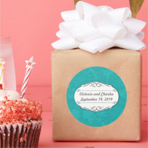 Adesivo Redondo Casamento tema damasco Azul Turquesa Moderno