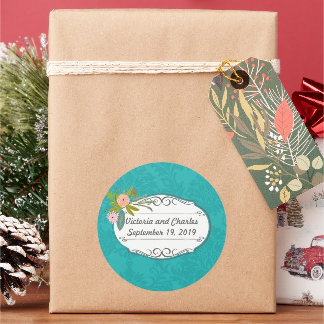 Adesivo Redondo Casamento tema damasco de Chartreuse Turquoise Mod (Feriado)