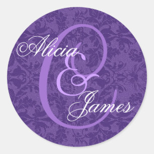 Adesivo Redondo Casamento tema damasco Roxo Real QUALQUER Monogram