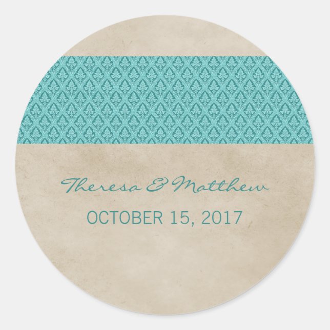 Adesivo Redondo Casamento tema damasco Teal Rustic (Frente)