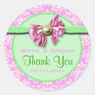 Adesivo Redondo Casamento tema damasco verde cor-de-rosa elegante