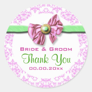 Adesivo Redondo casamento tema damasco verde rosa
