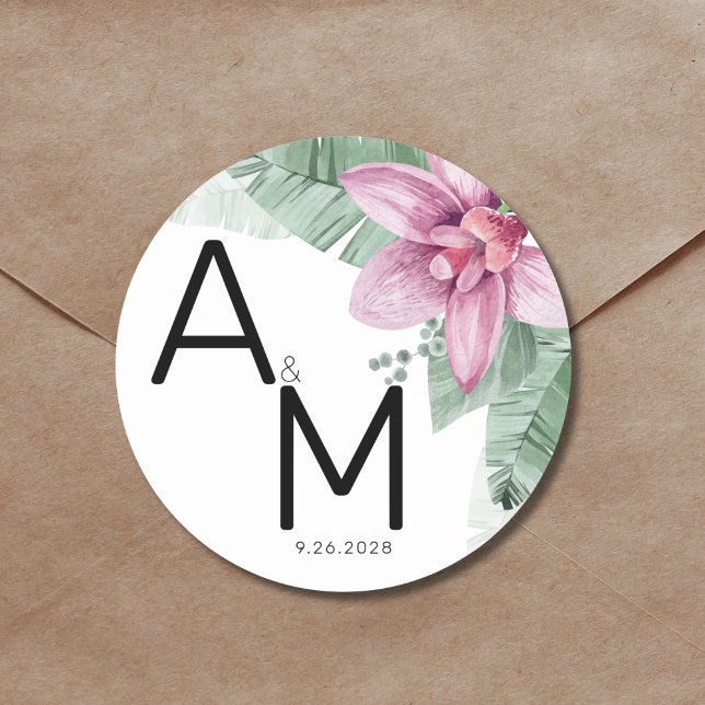 Adesivo Redondo Casamento Tropical com Flores Modernas (Modern Watercolor Floral Tropical Wedding Monogram Classic Round Sticker)