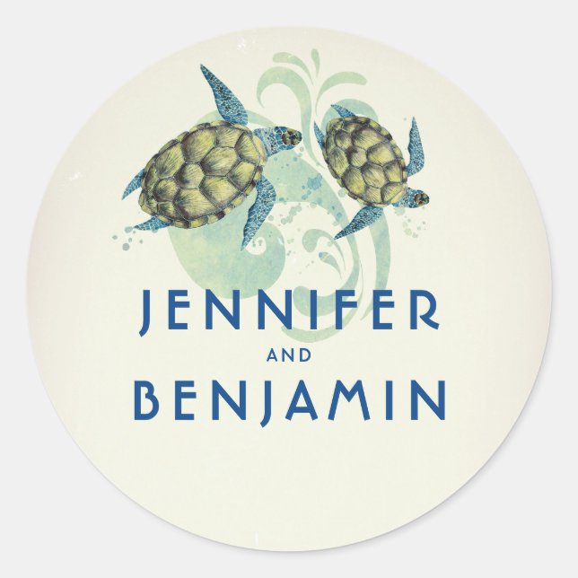 Adesivo Redondo Casamento Tropical Costeira de Tartarugas do Mar (Frente)