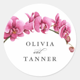 Adesivo Redondo Casamento Tropical das Orquídeas de Aquarela Rosa 