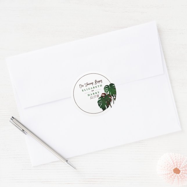 Adesivo Redondo Casamento Tropical de Monstera Beach (Envelope)