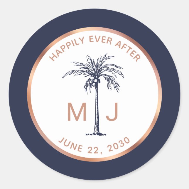 Adesivo Redondo Casamento Tropical de Rose Gold Monograma de Palme (Frente)