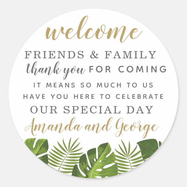 Adesivo Redondo Casamento Tropical favorece o obrigado personaliza (Frente)