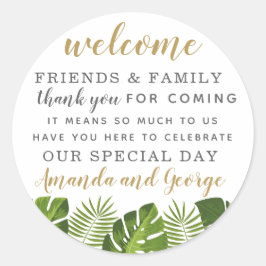 Adesivo Redondo Casamento Tropical favorece o obrigado personaliza