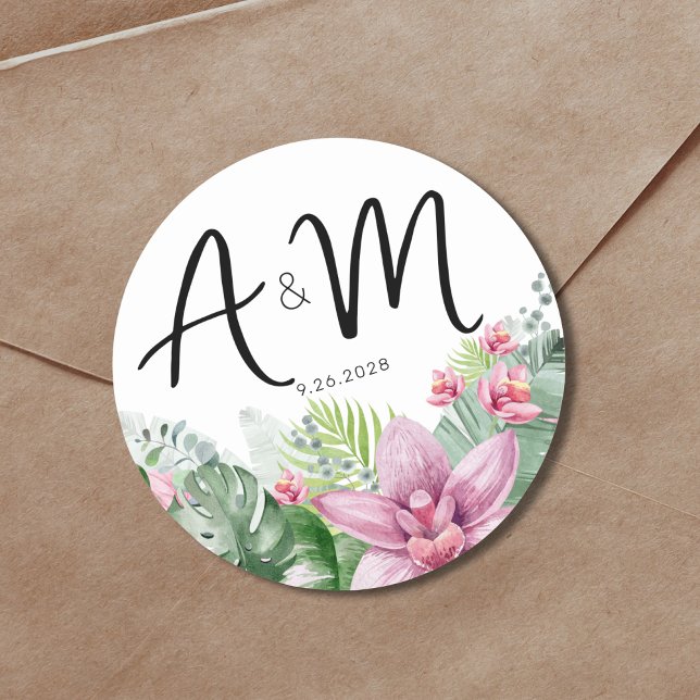 Adesivo Redondo Casamento Tropical Floral (Watercolor Floral Palm Tropical Wedding Monogram Classic Round Sticker)