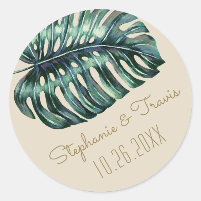 Adesivo Redondo Casamento Tropical Monstera Palm Leaf (Frente)