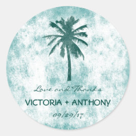 Adesivo Redondo Casamento Tropical Palm Tree Beach Obrigado