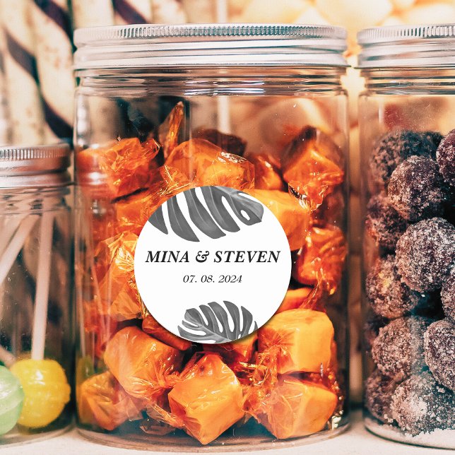 Adesivo Redondo casamento tropical preto e branco moderno (Criador carregado)