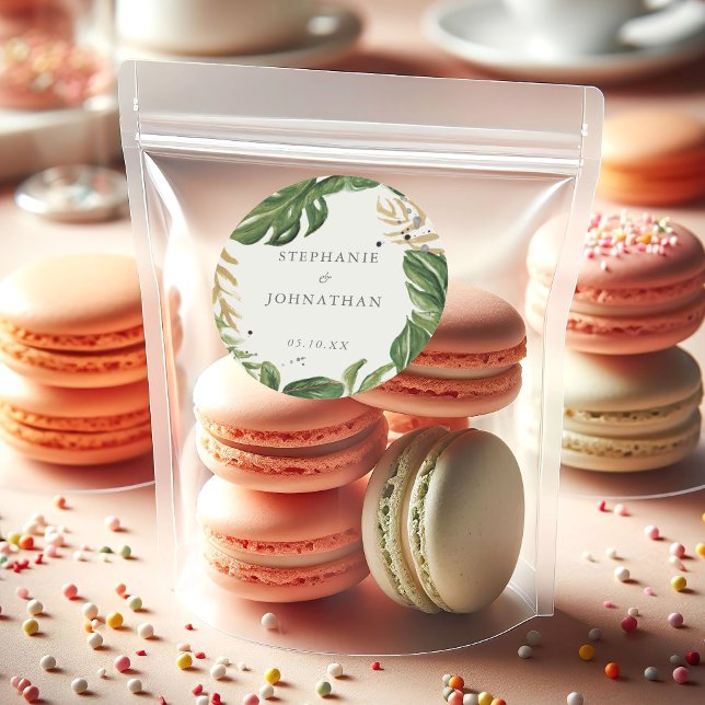 Adesivo Redondo Casamento Tropical Verde e Dourado de Aquarela (Green & Gold Watercolor Tropical Wedding Classic Round Sticker)