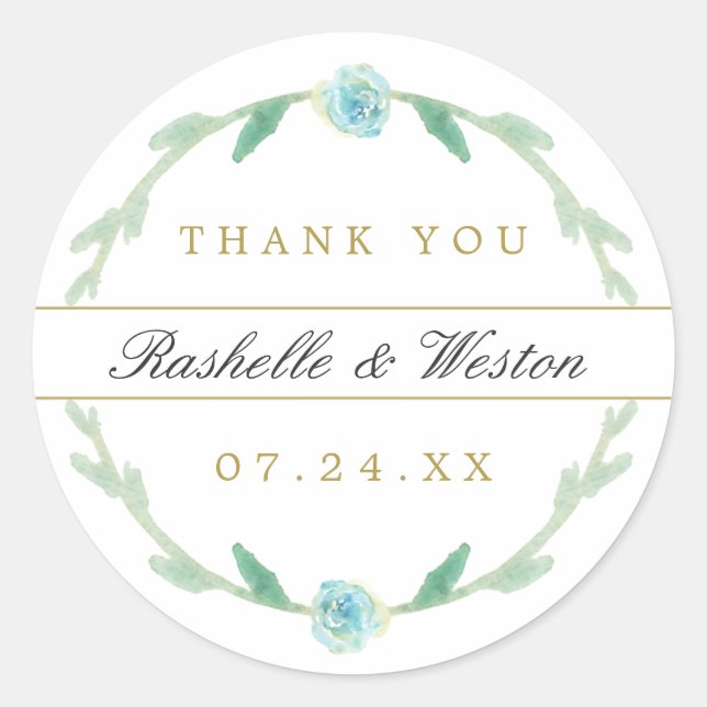 Adesivo Redondo Casamento Verde Azul Aquarela Obrigado Vinhetas (Frente)