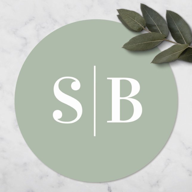 Adesivo Redondo Casamento Verde Com Folha Leve Simples Monograma (Criador carregado)