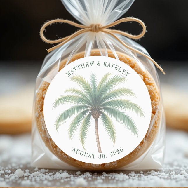 Adesivo Redondo Casamento Verde de Destino da Ilha Palm Tree (Palm Tree Island Destination Green Wedding Classic Round Sticker
)