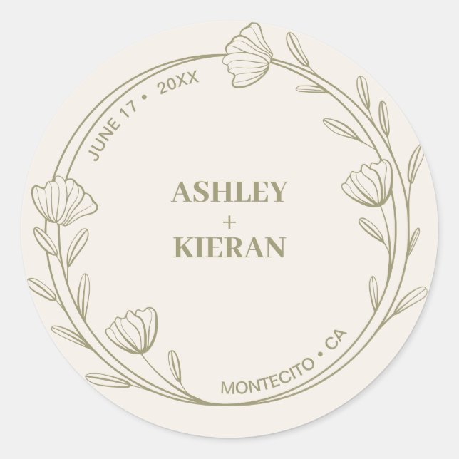 Adesivo Redondo Casamento Verde de Moss Floral Elegante (Frente)